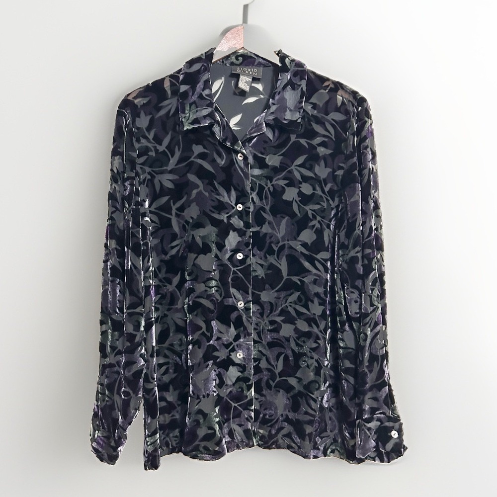 Sigrid Olsen Silk Blend Velvet Burnout Floral Blouse L Black Purple Sheer Top